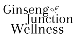 Ginseng Junction Wellness back and white logo with plant leaves